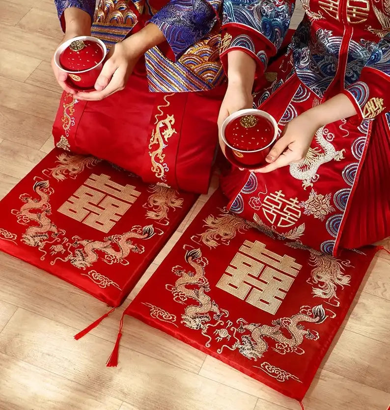 Vietnamese Tea Ceremony Kneeling Cushion | Chinese Wedding Red Double Happiness - 2 Pc Set