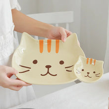 Load image into Gallery viewer, Cute Cat Plates | Large Ceramic Japanese Kitty Plate with Side Sauce Dish - 1 Pc