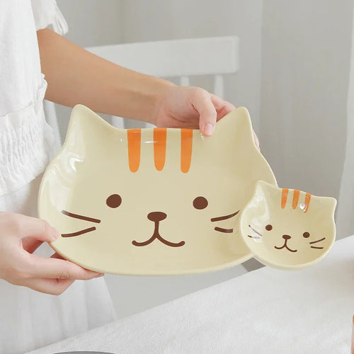 Cute Cat Plates | Large Ceramic Japanese Kitty Plate with Side Sauce Dish - 1 Pc