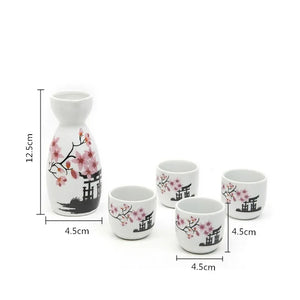 Red Plum Cherry Blossom Sake Set | Sakura 4 Wine Cups 1 Tokkuri Bottle - 5 Pcs