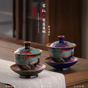 Royal Dragon Gaiwan Tea Bowl Set with Lid Saucer | Blue Ceramic Enamel