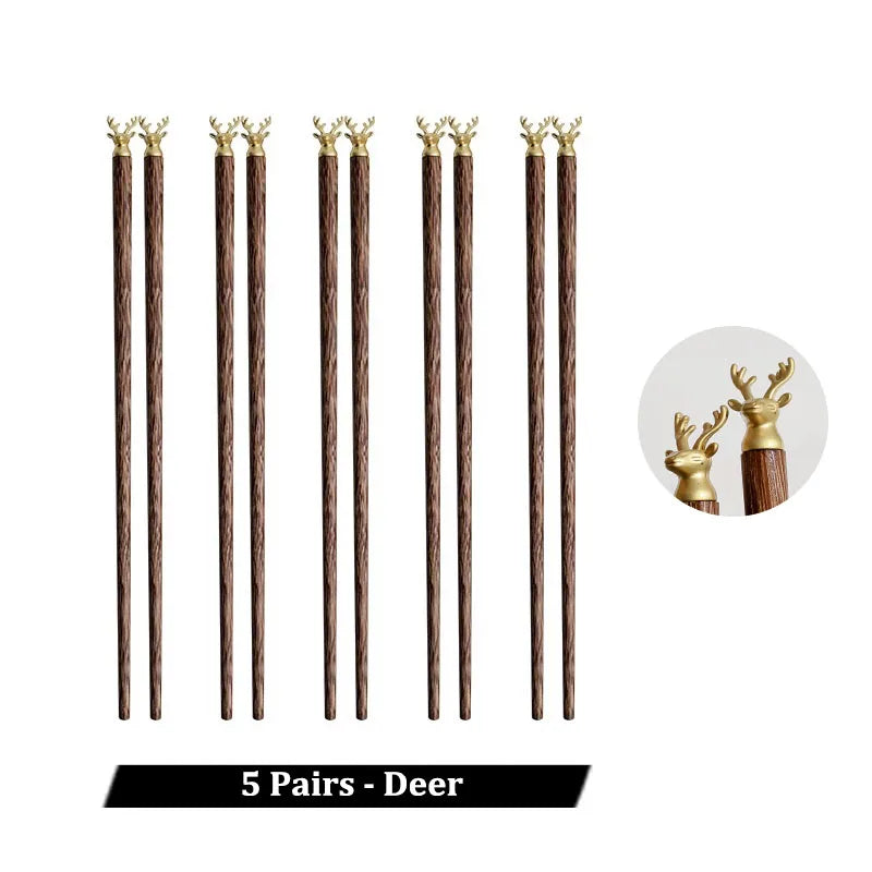 Natural Wood Gold Accent Wooden Luxury Chinese Chopsticks - 5 Pair Set