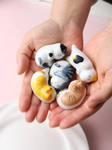 Sleeping Lucky Cat Chopsticks Holder | Cute Japanese Ceramic Rests - 5 Pc Set