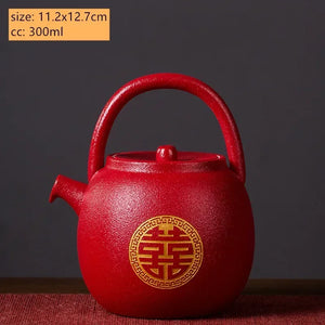 Red Chinese Wedding Tea Set with Tray | Traditional Ceramic Double Happiness Ceremony Tea Pot and Cups