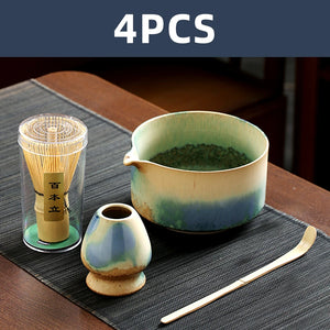Blue Rustic Japanese Matcha Set with Ceramic Bowl | Bamboo Tea Whisk - 4 Pc
