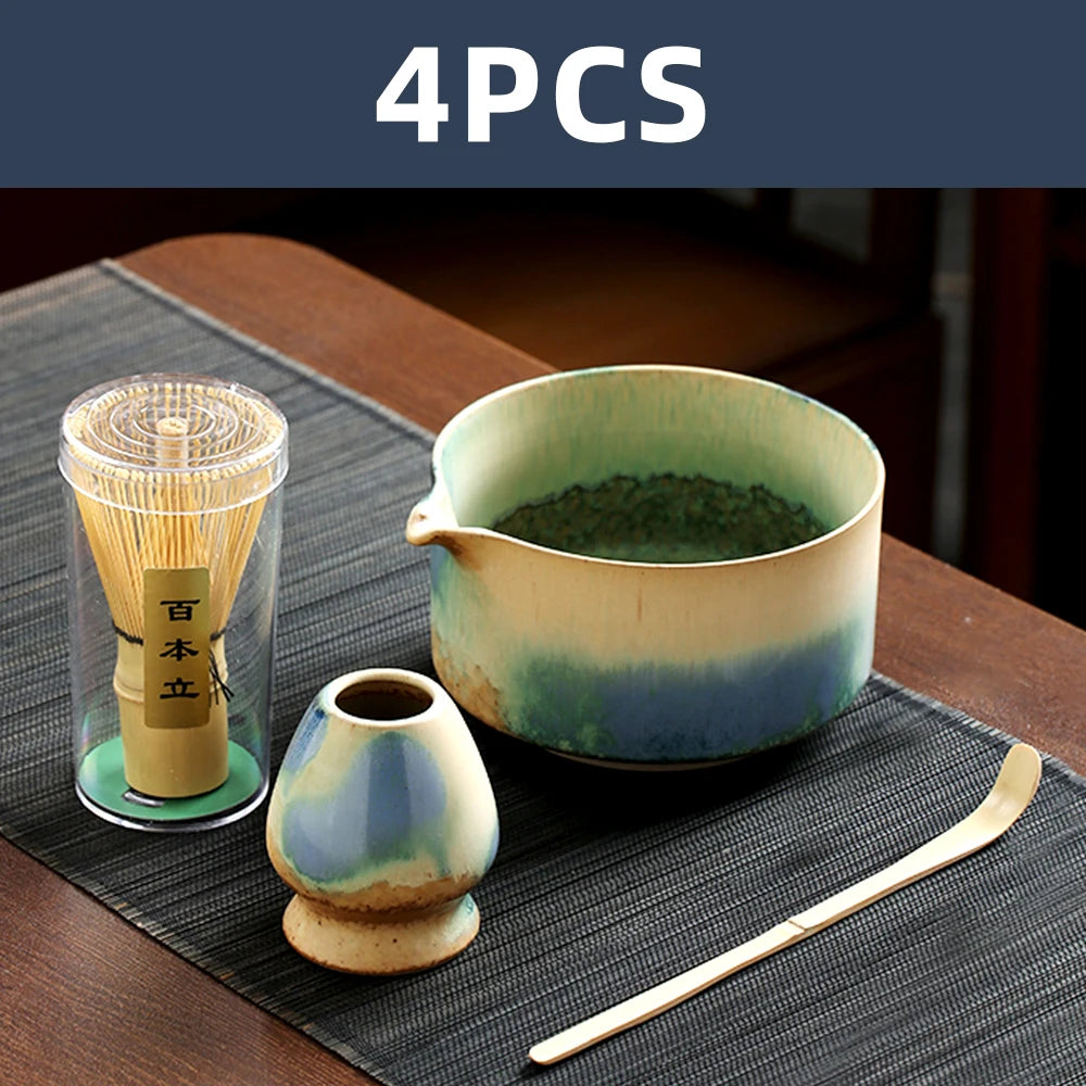Blue Rustic Japanese Matcha Set with Ceramic Bowl | Bamboo Tea Whisk - 4 Pc