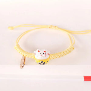 Yellow Lucky Cat Braided Bracelet | Adjustable Ceramic Kitty Jewelry with Gold Charm - 1 Pc