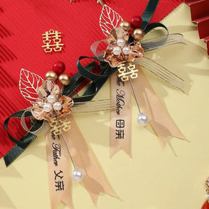 Red Boutonniere Pins | Chinese Wedding Decorative Corsage - 2 Pc Set