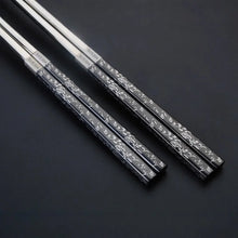 Load image into Gallery viewer, Black &amp; Silver Floral Korean Metal Stainless Steel Chopsticks with Holders| 2/3/5 Pairs