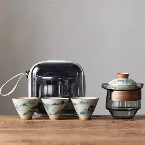 Handpainted Ceramic Chinese Gaiwan Strainer and 3 Tea Cups - 1 Travel Set