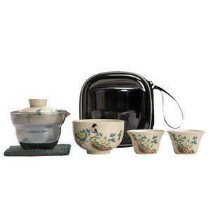 Bird & Flowers Chinese Travel Tea Set with Portable Case - 4 Pc