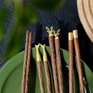 Natural Wood Gold Accent Wooden Luxury Chinese Chopsticks - 5 Pair Set