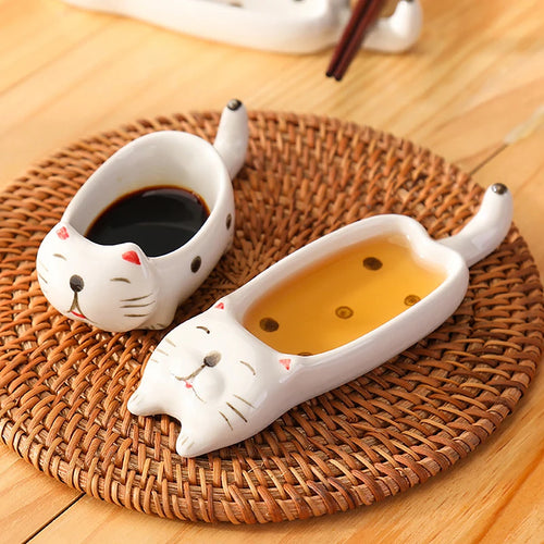 Cute Cat Ceramic Small Dish | White Japanese Soy Sauces Bowl - 1 Pc