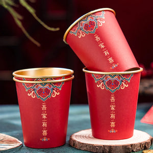 Red Chinese Wedding Paper Cups | Gold Disposable Tea Ceremony Cup - 50 Pcs