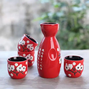 Red Plum Cherry Blossom Sake Set | Sakura 4 Wine Cups 1 Tokkuri Bottle - 5 Pcs