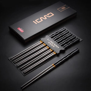 Black & White Wavy Chopsticks | Japanese Metal Stainless Steel Luxury Set - 5 Pairs