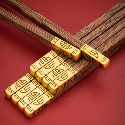 Premium Gold Fortune Wood Luxury Chinese Chopsticks - 5/10 Pair Set