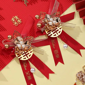 Red Boutonniere Pins | Chinese Wedding Decorative Corsage - 2 Pc Set