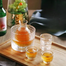 Load image into Gallery viewer, Glass Hammered Sake Set | Japanese Tokkuri Bottle 4 Wine Cups and Cooler - 5 Pc