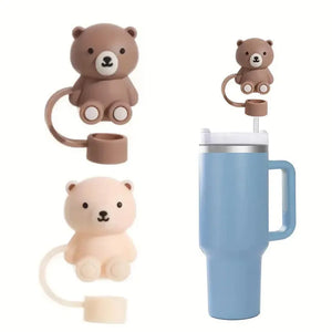 Cute Brown Bear Straw Toppers | Silicone Cover Tumblr Cap - 1 Pc