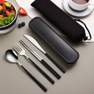 Metal Chopsticks Set with Spoon Fork in Travel Box and Portable Case