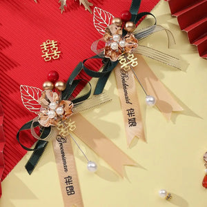 Red Boutonniere Pins | Chinese Wedding Decorative Corsage - 2 Pc Set