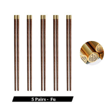 Load image into Gallery viewer, Natural Wood Gold Accent Wooden Luxury Chinese Chopsticks - 5 Pair Set