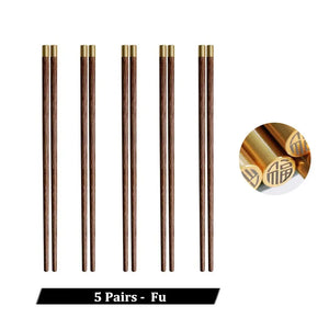 Natural Wood Gold Accent Wooden Luxury Chinese Chopsticks - 5 Pair Set