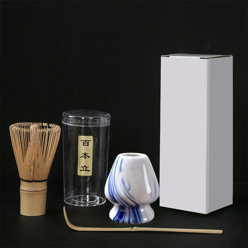 Blue & White Marble Matcha Set | Bamboo Whisk, Tea Scoop, and Holder - 3 Pc