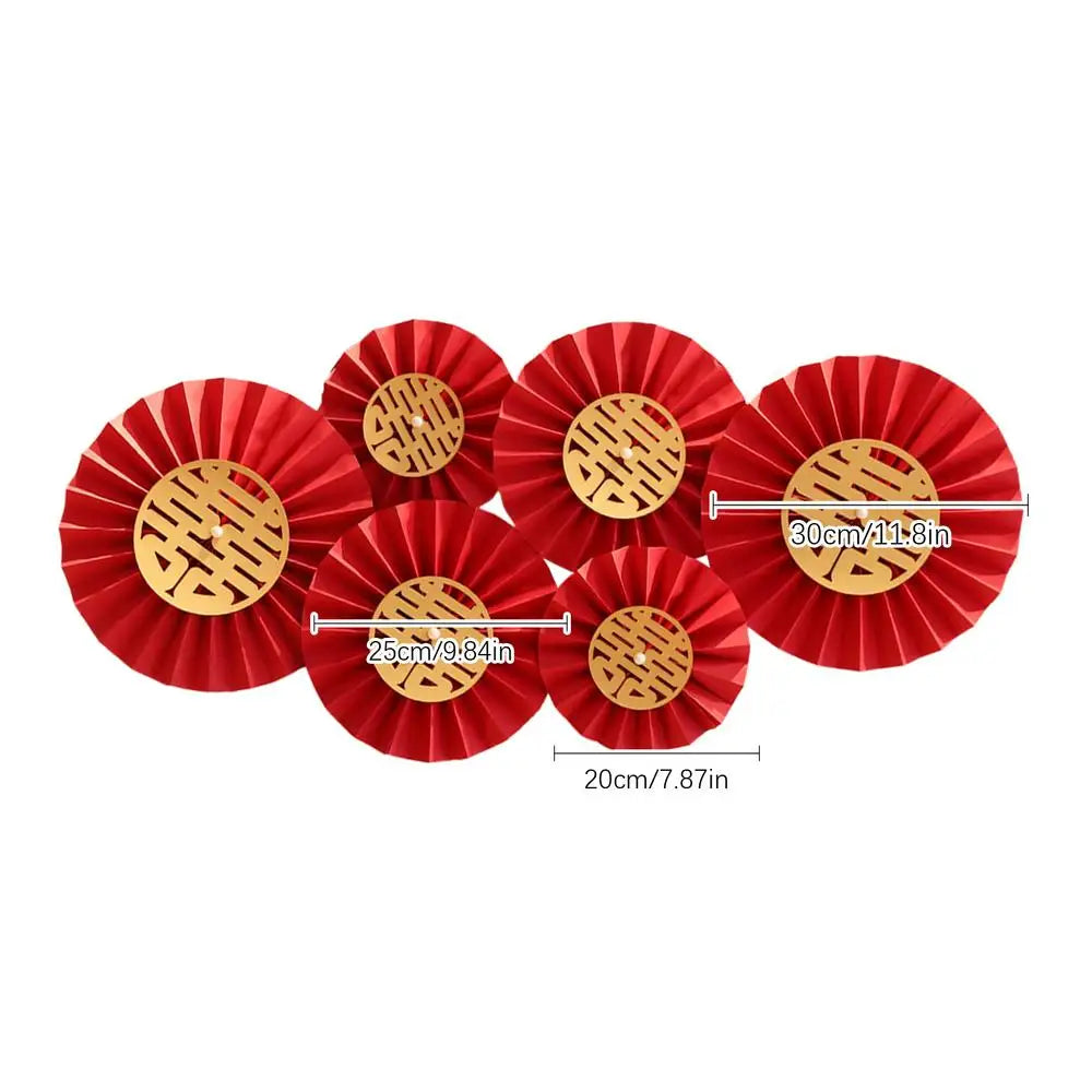 Red Hanging Paper Fan | Chinese Vietnamese Wedding Decor - 6 Pc