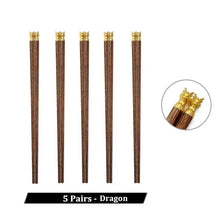 Load image into Gallery viewer, Natural Wood Gold Accent Wooden Luxury Chinese Chopsticks - 5 Pair Set