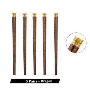 Natural Wood Gold Accent Wooden Luxury Chinese Chopsticks - 5 Pair Set