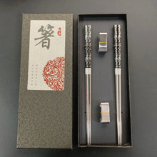 Load image into Gallery viewer, Black &amp; Silver Floral Korean Metal Stainless Steel Chopsticks with Holders| 2/3/5 Pairs