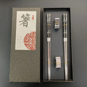 Black & Silver Floral Korean Metal Stainless Steel Chopsticks with Holders| 2/3/5 Pairs