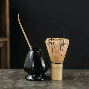 Matcha Making Kit - Bamboo Whisk (Chasen), Holder, Scoop & Spoon - Traditional Black Set