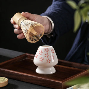 Pink Cherry Blossom Matcha Tool Set | Bamboo Whisk, Tea Scoop, and Holder - 3 Pc