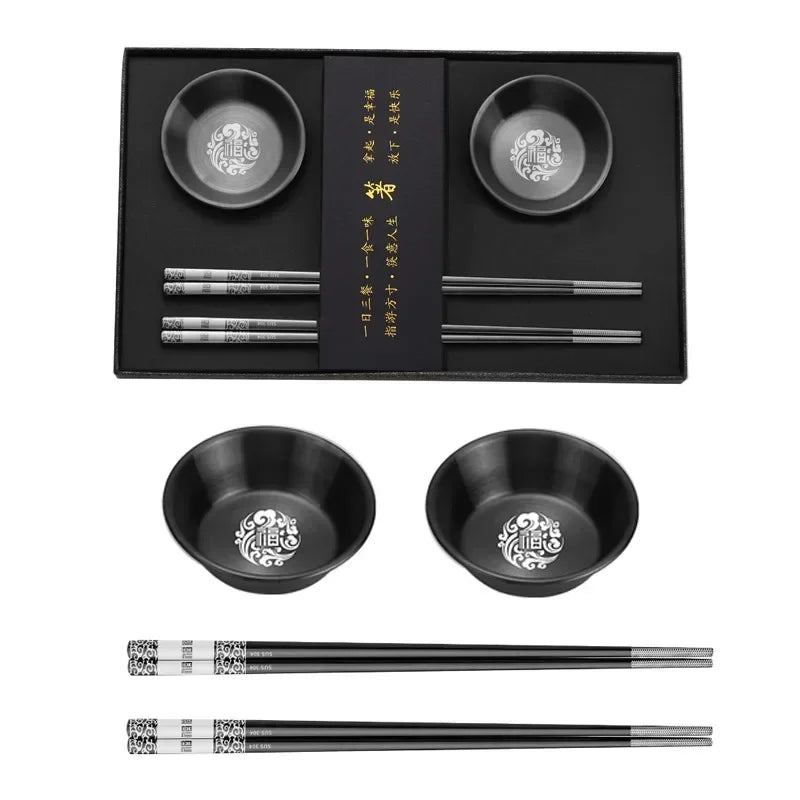 Black Metal Chopsticks Gift Set | Holder Soy Sauce Dish - 1 Set