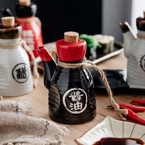 Black Retro Traditional Japanese Ceramic Soy Sauce Bottle & Dispenser - 1 Pc