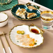 Load image into Gallery viewer, Shell Japanese Sushi Plates | Gold Luxury Ceramic Serving Plate with Sauce Holder - 1 Pc