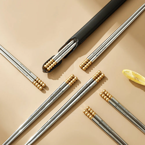 Gold Bead Silver Stainless Steel Metal Korean Portable Travel Chopsticks - 1/5/10 Pairs