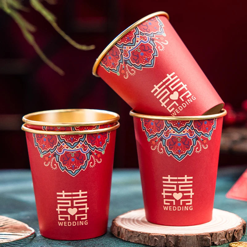 Red Chinese Wedding Paper Cups | Gold Disposable Tea Ceremony Cup - 50 Pcs