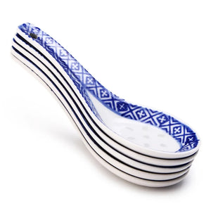 Traditional China Asian Soup Spoons | Blue & White Chinese Porcelain - 5 PC Set