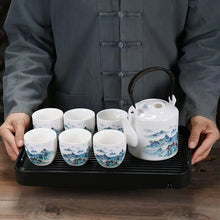 Load image into Gallery viewer, Blue &amp; White Jade Porcelain Chinese Tea Set | Large Pot and Cups