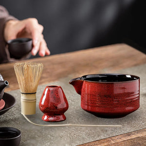 Red Matcha Set | Japanese Tea Bowl Whisk Holder - 4 Pc