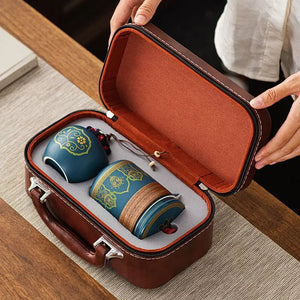 Travel Tea Set with Leather Case | Portable Gongfu Ceramic Teapot Cups - 5 Pc