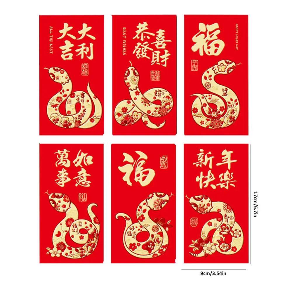 Red & Gold Snake Red Envelopes | Hong Bao Chinese New Year Gifts 2025 - 6 Pc Set