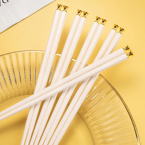 Elegant White & Gold Metal Alloy Reusable Tableware Chopsticks | 5 Pair Set
