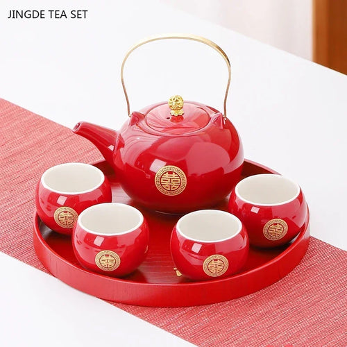 Traditional Chinese Tea Ceremony Set | Gold and Red Tea Pot + 4 Tea Cups + Tray