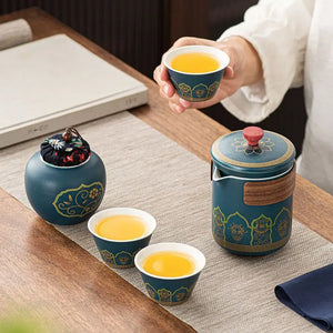 Travel Tea Set with Leather Case | Portable Gongfu Ceramic Teapot Cups - 5 Pc