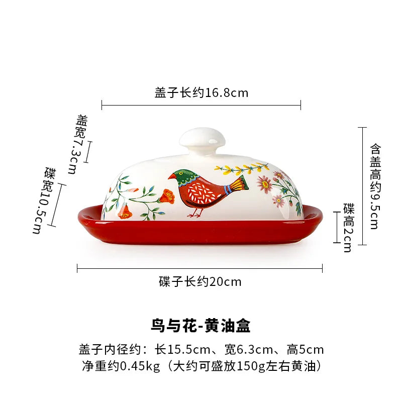 Folk Art Ceramic Butter Dish | Cute Cheese Storage with Lid - 1 Set